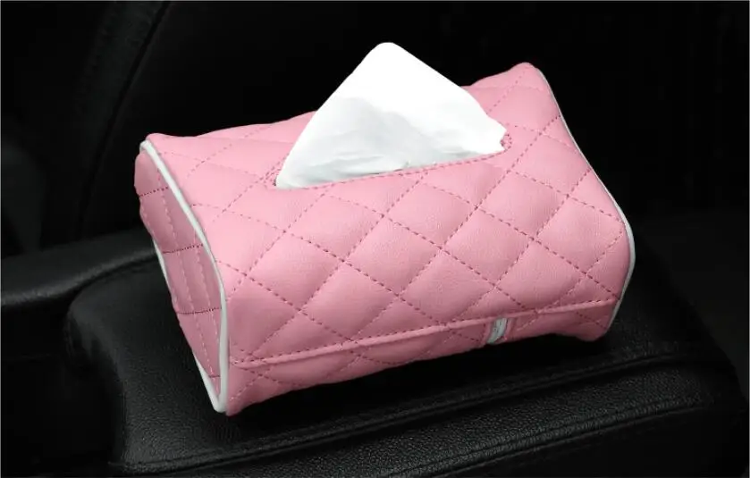 PINK Car Tissue Box Auto PU Sun Visor Back Seat Hanging Tissue Napkin Clip Holder Storage Accessories - Название цвета: PINK