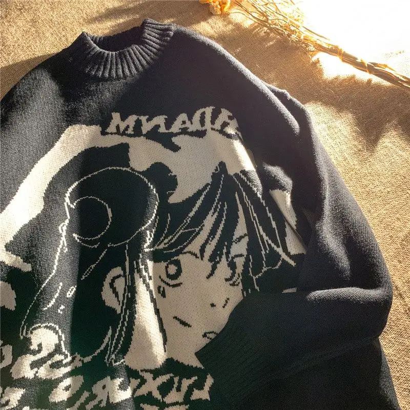 

Mens Hip Hop Streetwear Harajuku Sweater Vintage Retro Japanese Style Anime Girl Knitted Sweater Autumn Cotton Pullover Clothes