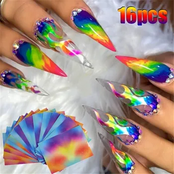 

16Pcs/Set Holographic Fire Flame Hollow Sticker For Nail Pattern Painting Wrap Paper Foil Tip Tattoo Manicure Stickers Nail Art