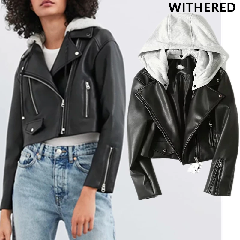 Увядшая Высокая уличная английская молния PU короткая куртка casaco feminino jaqueta feminina Съемная с капюшоном локомотивная кожаная куртка