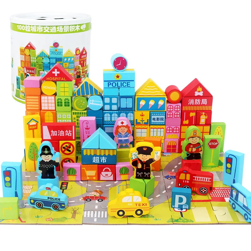 

[Qiaolinglong] 100 Tablets Wooden Building Blocks Learning Oceans with Numbers Lettered Barrel Building Blocks Children'S Educat