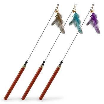 

1Pc Cat Toys Funny Cat Stick Feather Toys With Small Bell Wooden Round Handle Steel String Feather Cat Interactive Wand Toy