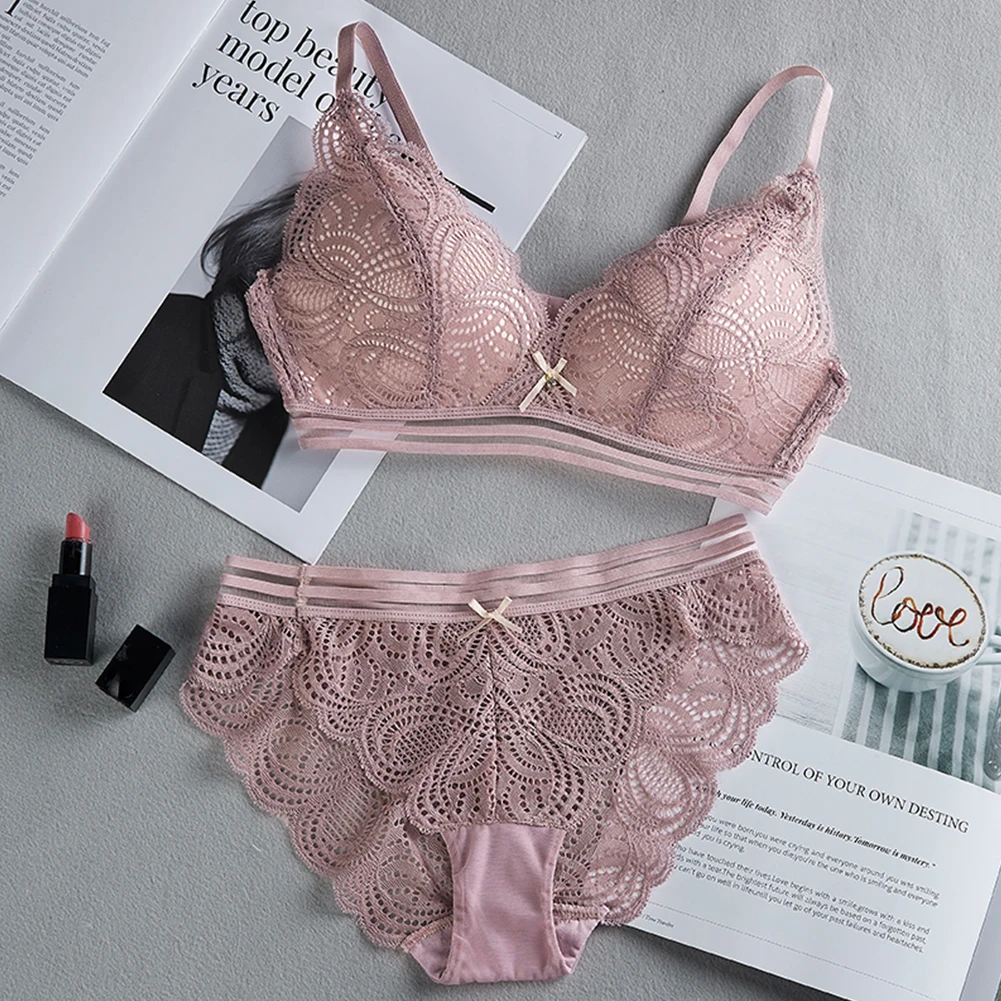 Light Purple Без стального кольца Бюстгальтер цветочные кружевные трусы треугольная чашка тонкая секция нижнее белье - Цвет: Light Purple