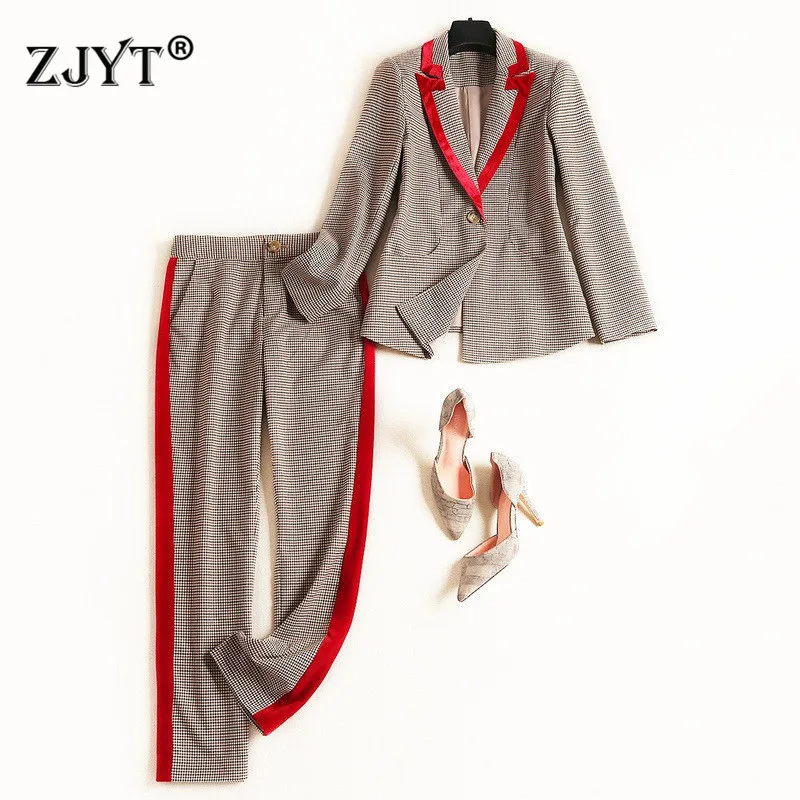 

Top Quality Women Designer Business Blazer and Pants Two Pieces Sets Long Sleeve Retro Plaid Jacket Pencil Pants Suit Outfits
