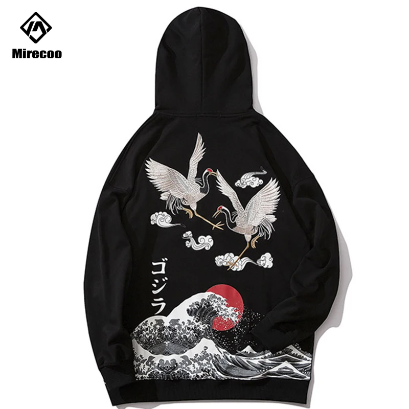 Мужская толстовка с вышивкой японского журавля в стиле хип хоп уличная Толстовка