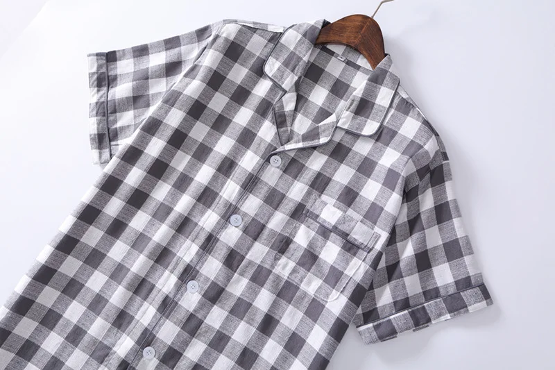 Summer New Plus size Men Casual Plaid Pajama sets Male 100%Cotton Sleepwear suit Men's Turn-Down collar shirt& Half Pants
