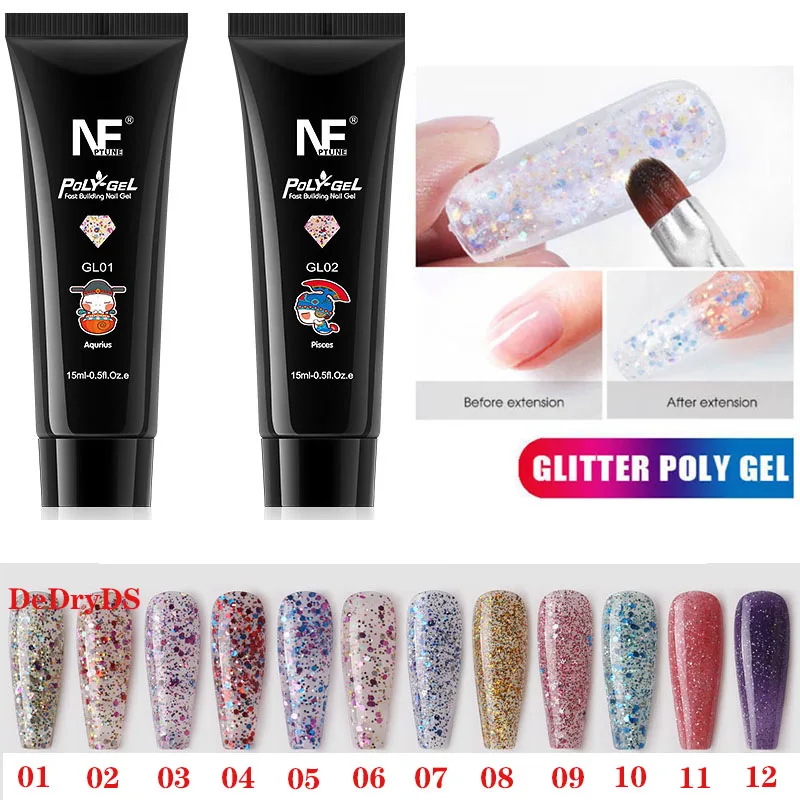 

15ml Poly-Gel For Nails Extensions UV Diamond Pink Sliver Sequins Gel For Finger Nail Building Glitter Nail Gel Polish