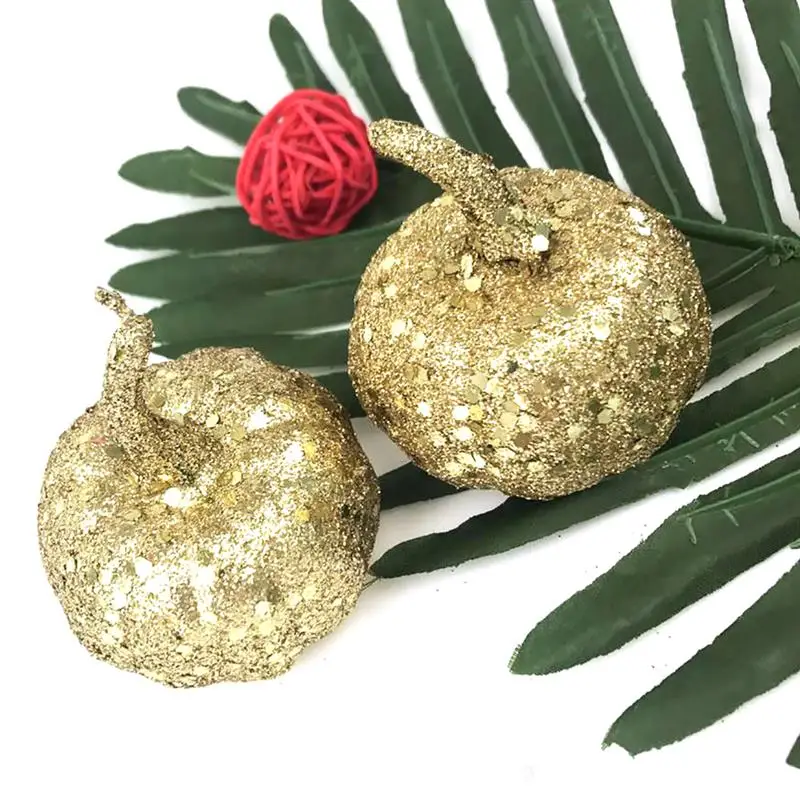 New 12pcs Glitter Golden Mini Artificial Pumpkins Foam Pumpkins Small Pumpkins Fake Foam Halloween Decorative Pumpkins