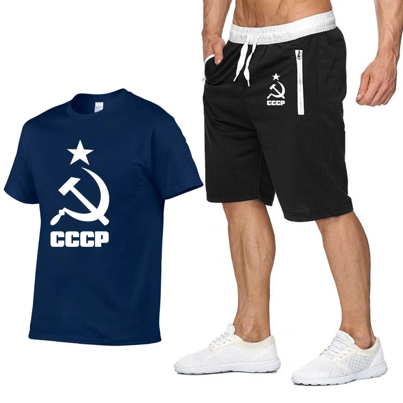 Летние модные футболки для мужчин CCCP, русские, советское соединение, мужские, с коротким рукавом, в Москву, Россию, повседневные футболки мужские, хлопок+ шорты, костюм - Цвет: 804