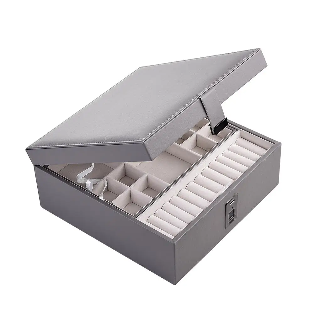 PU Leather Jewelry Storage Box Fingerprint Unlock Watch Necklace Bracelet Display Tray Organizer Large Capacity Storage Case