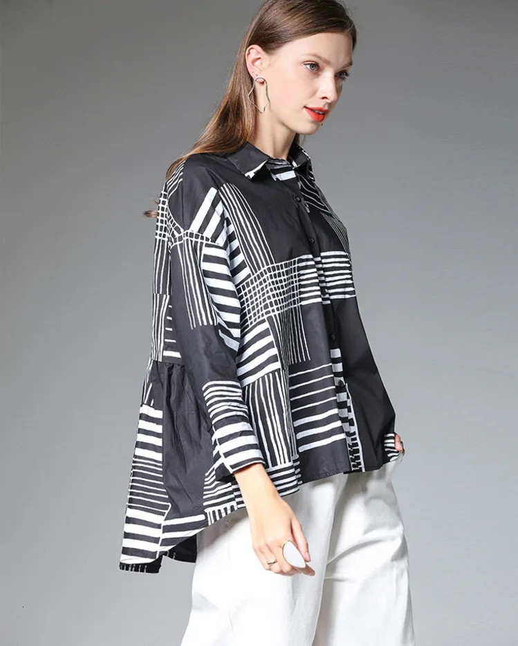 MEVGOHOT женские короткие полосатые свободные рубашки с асимметричным подолом с длинным рукавом Большие размеры женские топы 3xl 4xl HC063
