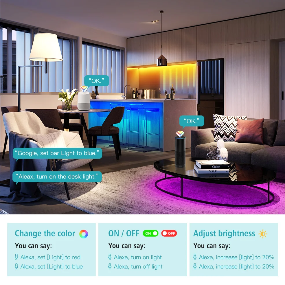 US $15.99 Tuya Smart WIFI LED Strip Work With Alexa Google Assistant Voice Control RGB LED Lights Strip 5M 10M 15M 20M Led Ribbon Tape