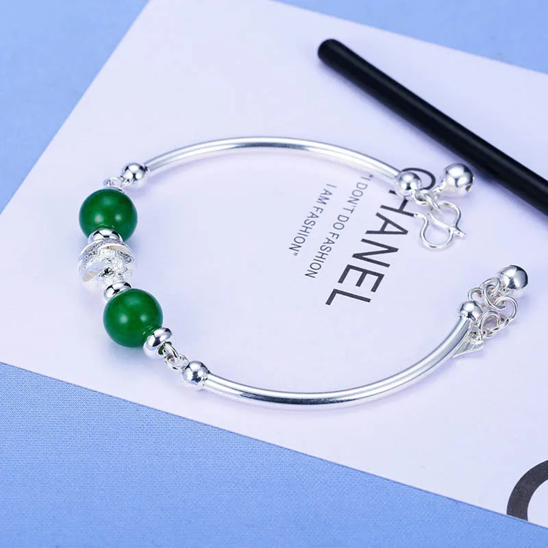 Bague Ringen Серебряный 925 нефритовый браслет, Круглый Зеленый Халцедон, Открытый регулируемый размер, очаровательные женские ювелирные изделия, женские вечерние, подарок