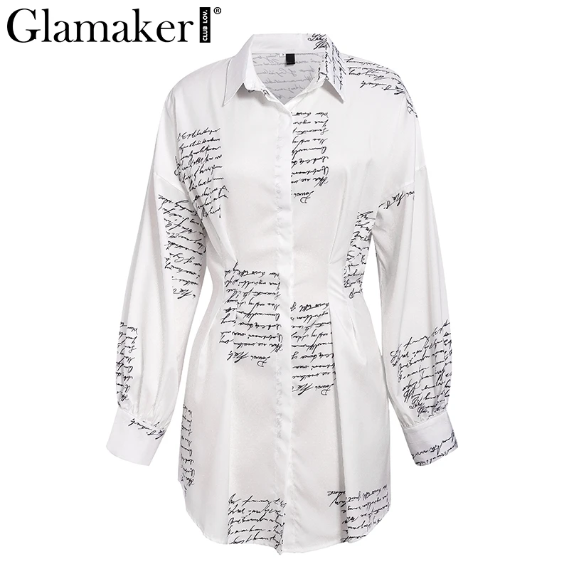 Glamaker, с буквенным принтом, Сексуальное Мини Короткое платье-рубашка, для женщин, белое, с длинным рукавом, вечерние, для клуба, платье, зима, осень, элегантное, облегающее платье