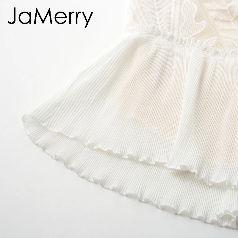 JaMerry, винтажное сексуальное Белое платье с высокой талией, элегантное кружевное платье с геометрическим рисунком, плиссированные рукава, осенние короткие платья для вечеринок