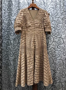 

2020 Spring and Summer New Women's V-neck Water-Soluble Embroidery Hollow-out Decorative Short-Sleeved Solid Color Dress 638