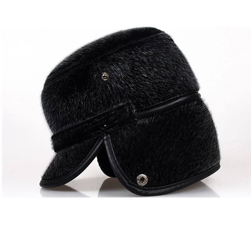 Зимняя шапка из искусственного меха норки, кепки с козырьком для пожилых людей из искусственной кожи, лыжная шапка, теплая уличная шапка-ушанка для папы