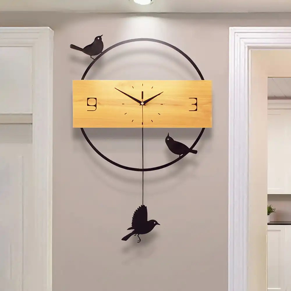 Round Metal Frame Wooden Dial Wall Clock Birds Pendulum Non Chiming Silent Wall Clocks Rustic Style Clock For Home Decor Wall Clocks Aliexpress