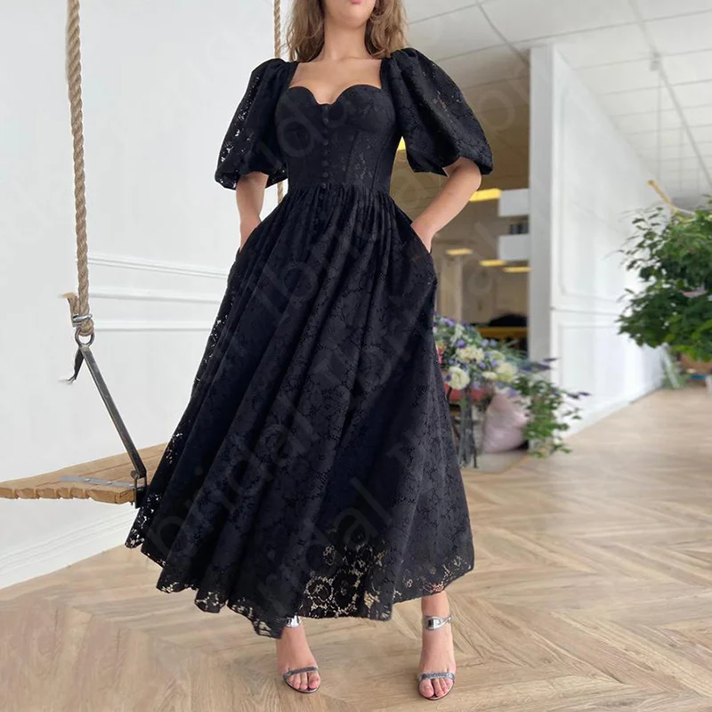 

Gorgeous Black Lace Evening Dresses Ankle Length Back Out Wedding Guest Gowns with Half Sleeves Little Black Dress Front Slit