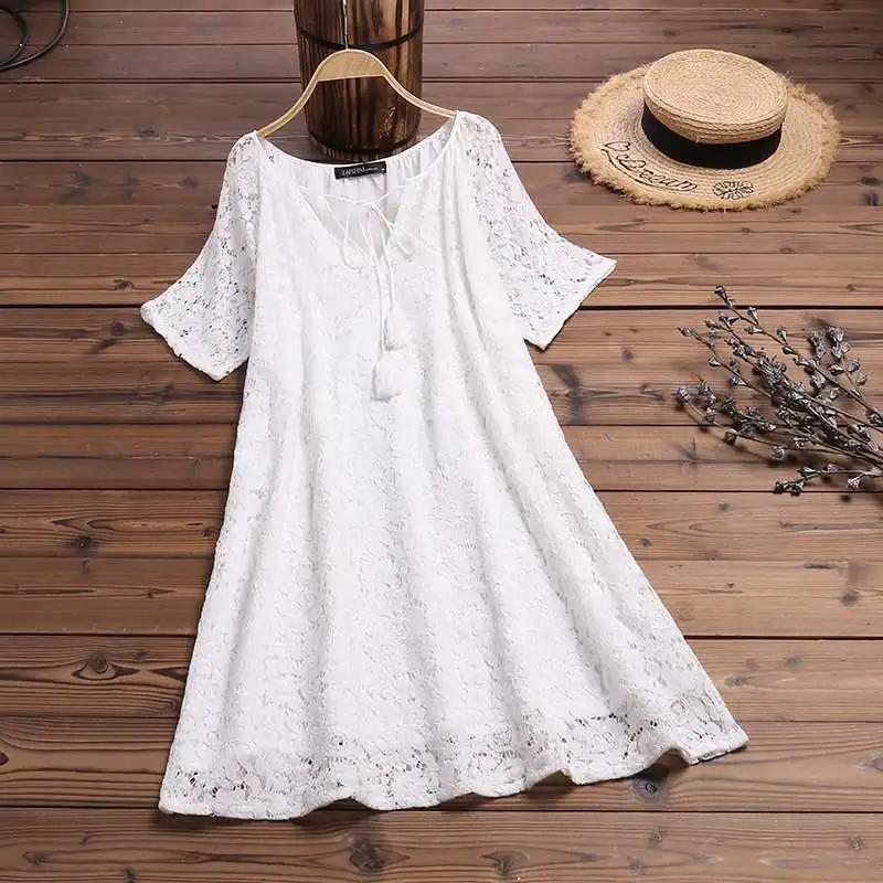 

ZANZEA Summer Lace Crochet Dress Women Long Shirt Sundress Ladies Solid Hollow Out Vestido Casual V Neck Short Sleeve Blusas 5XL