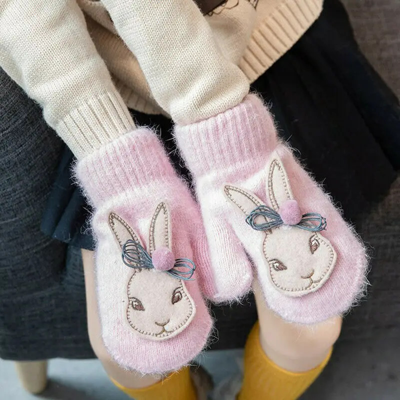 Осенне-зимние шерстяные Хлопковые варежки, детские перчатки из кроличьей шерсти для мальчиков и девочек, плотные теплые рукавицы с мультипликационным принтом
