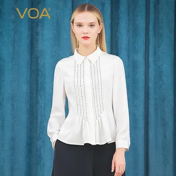 

VOA Streamer White 36mm Heavy Stereo Pleated Blue Arch Needle Process Polo Collar Flounce Hem Silk Shirt B9185
