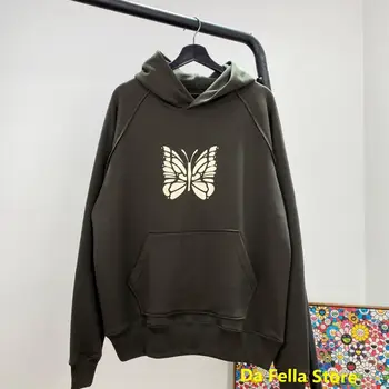 

Grey Needles Hoodie Men Women Butterfly Logo Print Needles Hoodies High Quality Cotton Pullovers Inside Tag Label Sweatshirts