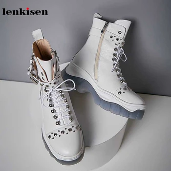 

Lenkisen genuine leather metal rivets buckle straps thick bottom round toe high heels lace up winter women warm ankle boots L47