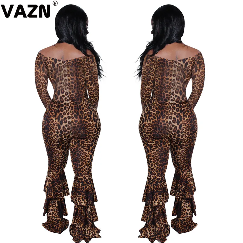 VAZN YD8137, новинка, Леопардовый, Brown2019, повседневные женские комбинезоны, сексуальные, с вырезом лодочкой, с расклешенными рукавами, длинные штаны, топ, Клубные, облегающие комбинезоны