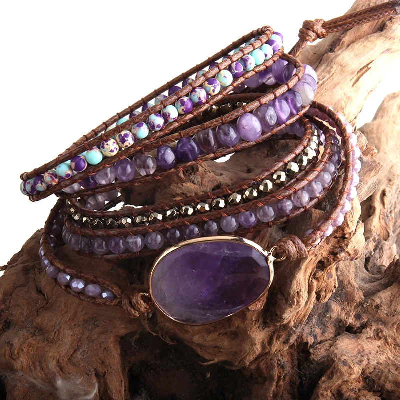 RH Fashion Handma Bohemian Jewelry Boho Bracelet Mixed Natural Stones Charm 5 Strands Wrap Bracelets Gift