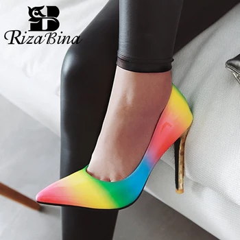 

RIZABINA Candy Clor Women Pumps Fashion Party Sheos Women Pointed Toe Thin High Heels Slip On Wedding Footwear Size 34-47