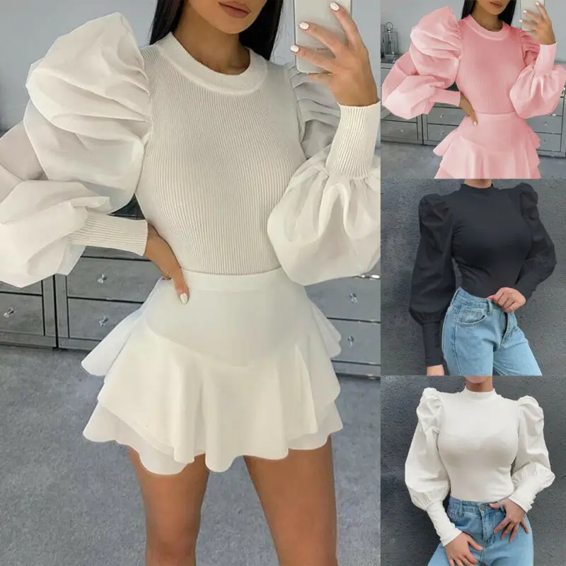 Puff Ruffle Long Sleeve Women Blouse 2020 Fashion Solid Black White Pink Shirt Tops Tees Ladies Slim Jumper Pullover Shirt