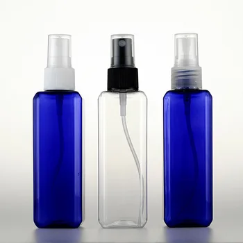 

100ml transparent/blue square plastic travel spray bottle with sprayer, refillable empty plastic bottle for cosmetics packaging