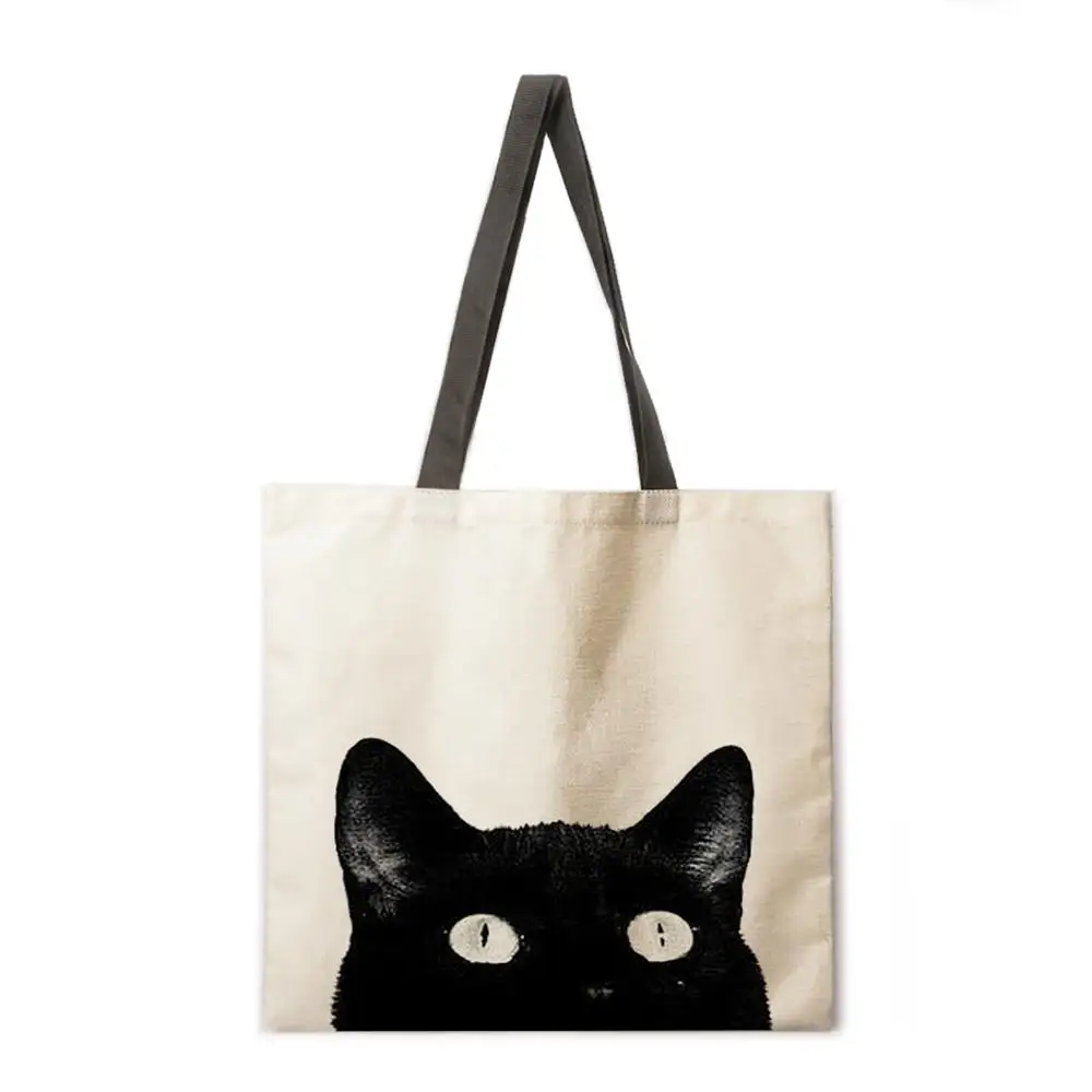 

Ink cat cat tote bag linen fabric bag casual folding shopping bag outdoor beach bag daily handbag