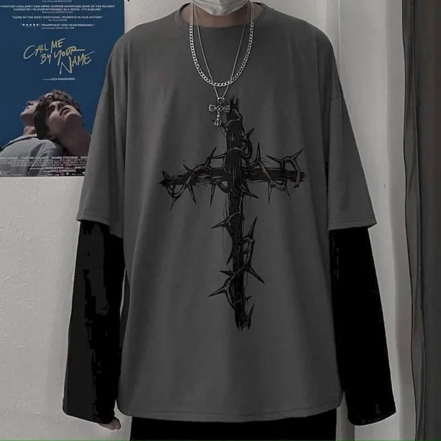 T-shirt Cross of Thorns fake two-piece for men women long-sleeved dark hip-hop loose large size autumn new trend top Simplicity Cross dark gray