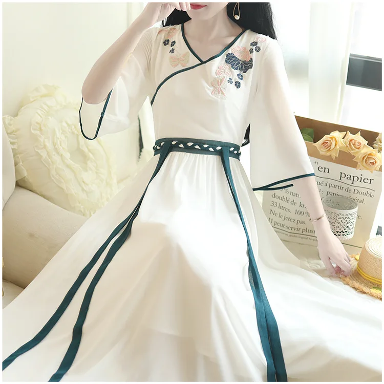Древние костюмы, элегантные и элегантные, Hanfu,, летние, новые китайские элементы, Женская Вышивка, шифоновое платье