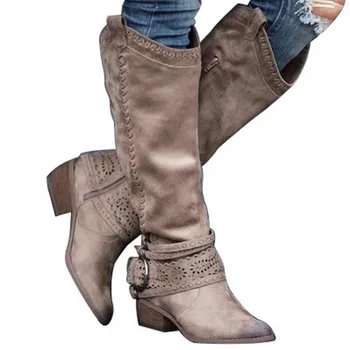 

LASPERAL Suede Openwork Knee High Boots Women Pointed Toe Buckle Strap Heels Winter Long Boots Zip Thigh High Loose Boots Nice