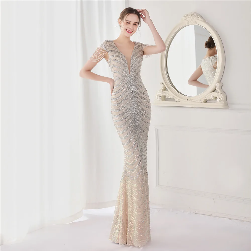 DEERVEADO Elegant V Neck Mermaid Evening Dress Long Luxury Beads Women Evening Party Dresses 2022 New Formal Dress K19085 ball gown