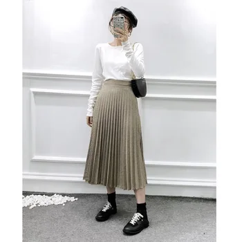

2020 women plaid pleated midi skirt faldas mujer vintage side zipper office ladies elegant chic mid calf skirts