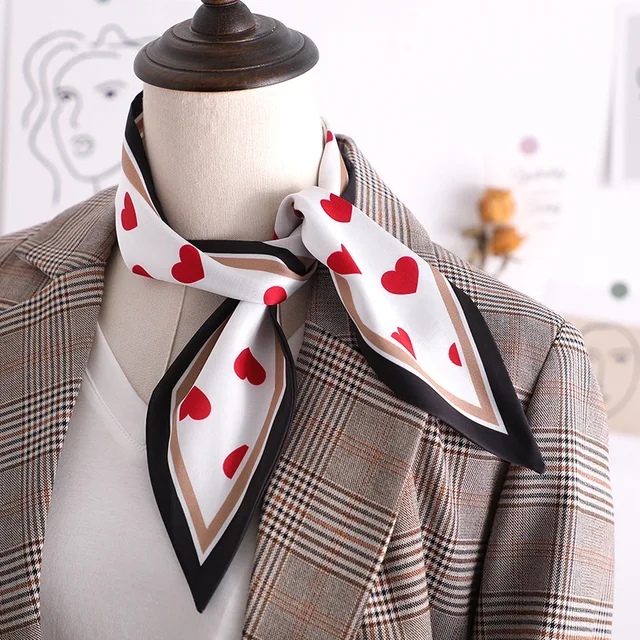 Sweet Love Print Women Small Silk Scarf Handle Bag Ribbons Female Head Scarves Sharp angle Green 90*10cm 40