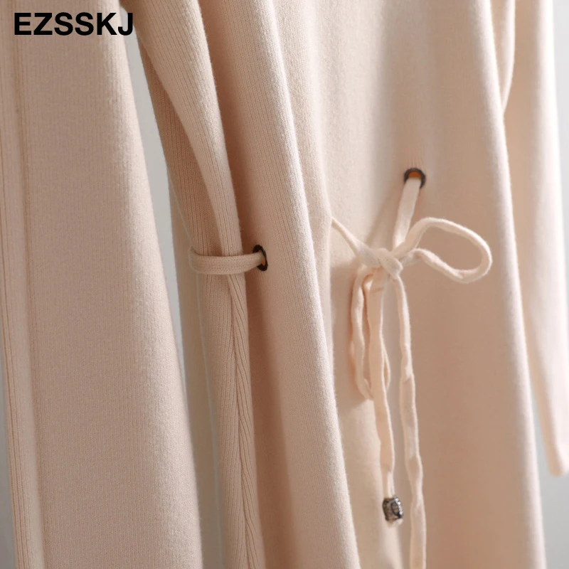 elegant O-neck loose long Thick Sweater dress women Autumn Winter lace Drawstring dress Femme Lace Up loose robe Knitted dress