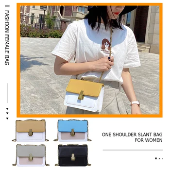 

Popular Simple Female Daily Bag Fashion Hit Color Crossbody Bag PU Leather Women Chain Square Shoulder Pouch