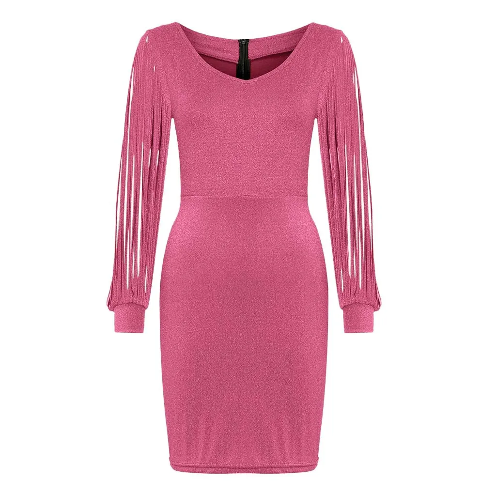 New Fashion Sexy Women V Ncek Solid Sequined Glitter Stitching Shining Club Sheath Long Sleeved Mini Dress For Female
