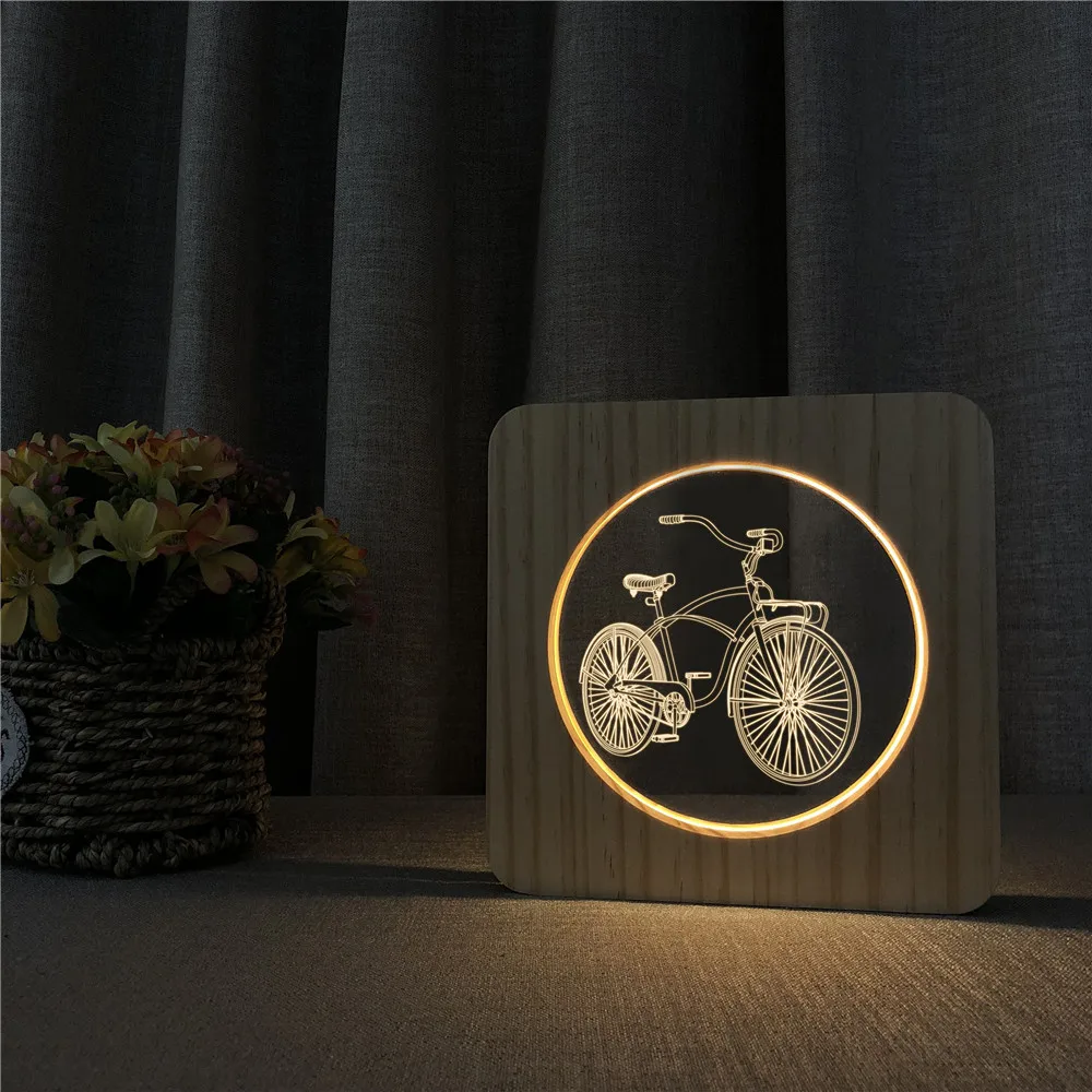 

Bicycle Shape 3D LED Arylic Wooden Night Lamp Table Light Switch Control Carving Lamp for Children's Room Decoration Party Gift