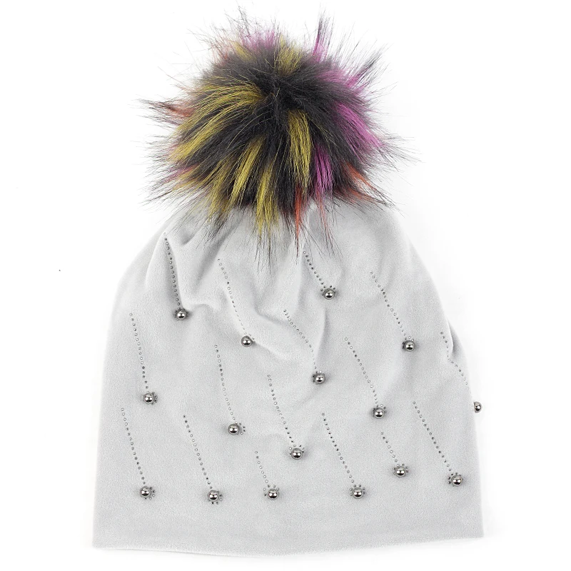 light gray 23 Geebro, модная перламутровая шапка для взрослых, шапка с 15 см искусственным мехом, помпоном, меховым помпоном, черепом для женщин и девочек, зимняя теплая мягкая женская шапка s - Цвет: light gray 23