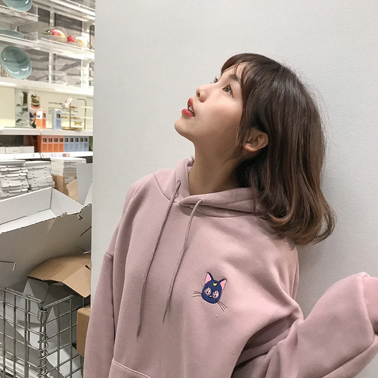 Вышитые Луна кошка розовые толстовки для женщин Kawaii корейский стиль свободная толстовка с капюшоном пуловеры