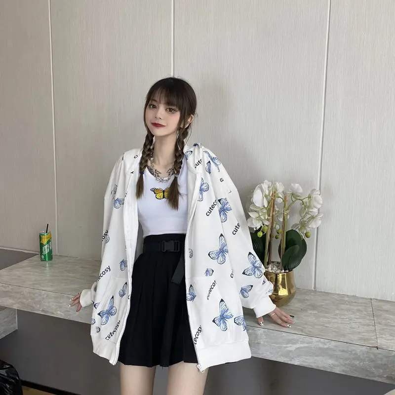 Summer Harajuku Butterfly Hoodie With Zipper Women Sweatshirt  2021 Spring Oversized Hoodies Outerwear Plus Size