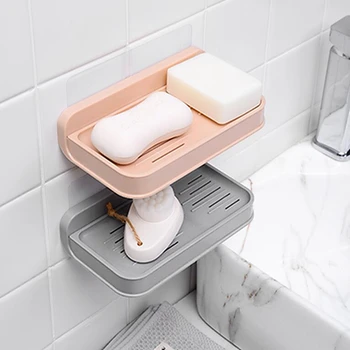 

Wall-Mounted Drain Soap Dish European-Style Household Double Grid Perforation-Free Self-Adhesive Bathroom Soap Dish