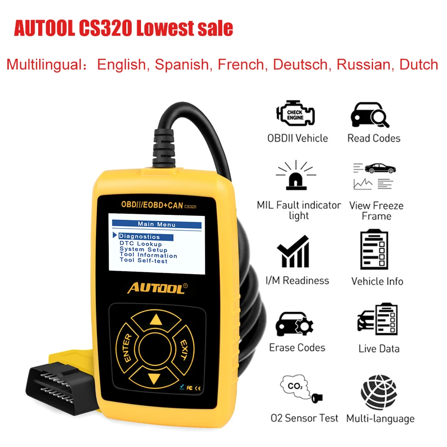 

AUTOOL CS320 Multi-language OBD2 Car Code Reader Auto Scanner OBD2 II Engine Fault Vehicle Scan Car Diagnostic Tool