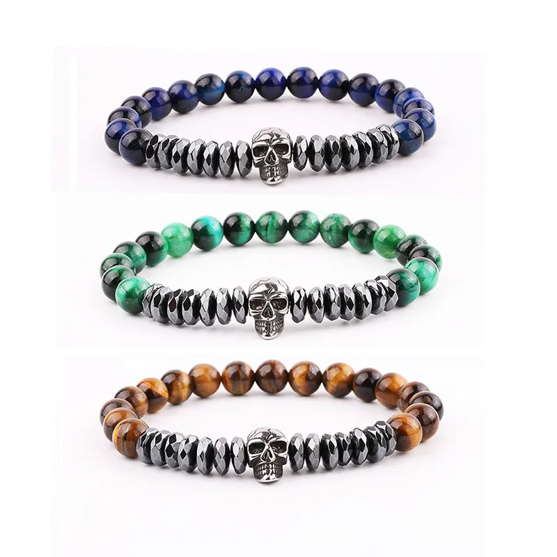 New Design Men Bracelet Stainless Steel Skull Charm Hematite Tiger Eye Beads Elastic Bracelet Men Jewelry Gift